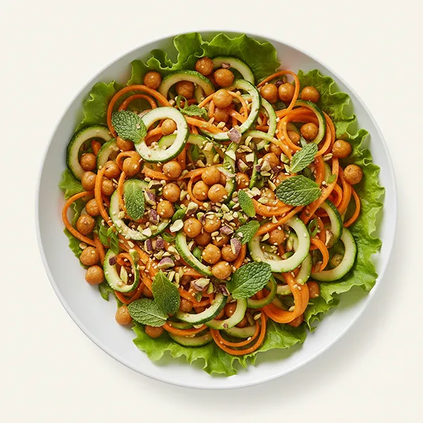 Minted Chickpeas, Roasted Carrot & Zucchini Ribbon Salad with Pistachios